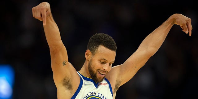 Golden State Warriors guard Stephen Curry (30) celebrates his three-point buzzer beater against the Portland Trail Blazers during the second quarter Oct 15, 2021, at Chase Center in San Francisco, California.