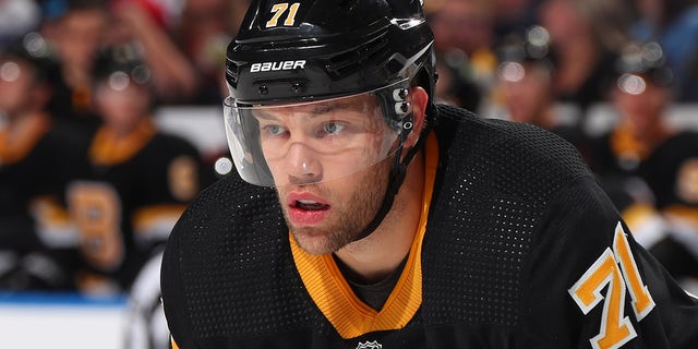 Taylor Hall of the Boston Bruins prepares for a faceoff against the Buffalo Sabres during an NHL game on Oct. 22, 2021, at KeyBank Center in Buffalo, New York.