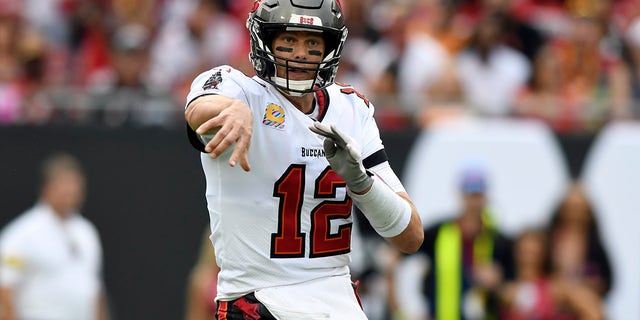 Tampa Bay Buccaneers quarterback Tom Brady (12) throws his 600th career touchdown pass during the first half against the Chicago Bears Sunday, Oct. 24, 2021, in Tampa, Fla.