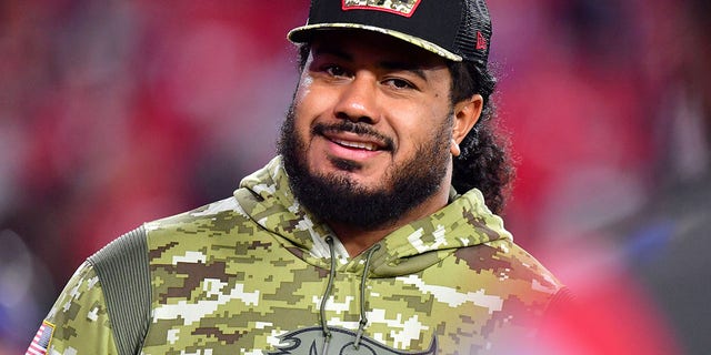 Vita Vea of the Tampa Bay Buccaneers looks on during warm-ups before a game against the New York Giants at Raymond James Stadium Nov. 22, 2021 in Tampa, Fla.