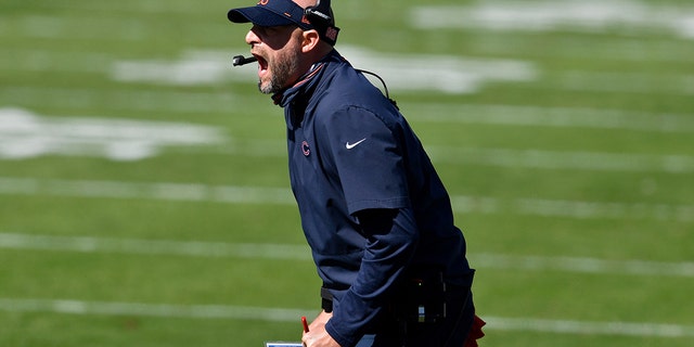 CHARLOTTE, NORTH CAROLINA - OCTOBER 18: Head coach Matt Nagy of the Chicago Bears calls out instructions in the first quarter against the Carolina Panthers at Bank of America Stadium on October 18, 2020 in Charlotte, North Carolina. (Photo by Grant Halverson/Getty Images)