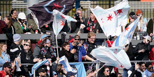 Supporters cheer after Chicago Red Stars forward Rachel Hill scores a goal during the first half of the NWSL Championship soccer match against the Washington Spirit, Nov. 20, 2021, in Louisville, Ky.