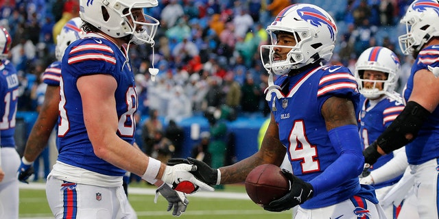 Buffalo Bills wide receiver Stefon Diggs (14) celebrates after scoring during the second half of an NFL football game against the Indianapolis Colts in Orchard Park, N.Y., Sunday, Nov. 21, 2021.