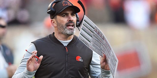 Cleveland Browns head coach Kevin Stefanski reacts during the second half of an NFL football game against the Baltimore Ravens, Sunday, Dec. 12, 2021, in Cleveland.  