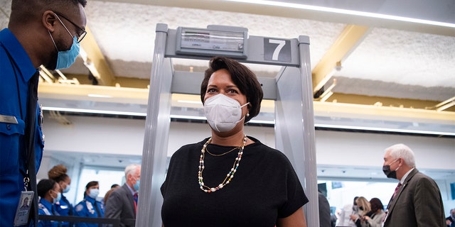 D.C. Mayor Muriel Bowser is screened during a dedication ceremony at Reagan National Airport in Arlington, Va., on Wednesday, Oct. 13, 2021. (Photo By Tom Williams/CQ-Roll Call, Inc via Getty Images)