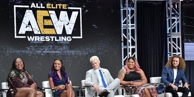 Awesome Kong, Brandi Rhodes, Cody Rhodes, Nyla Rose and Jungle Boy of All Elite Wrestling speak during the TNT and TBS segment of the Summer 2019 Television Critics Association Press Tour 2019 at The Beverly Hilton Hotel on July 24, 2019, in Beverly Hills.