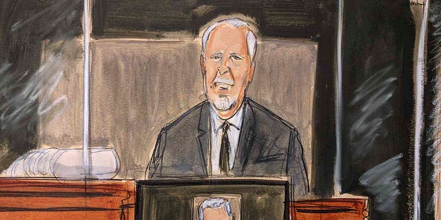 In this courtroom sketch, Lawrence Paul Visoski Jr., who was one of Jeffrey Epstein's pilots, testified on the witness stand during Ghislaine Maxwell's sex trafficking trial, Monday, Nov. 29, 2021, in New York City. 