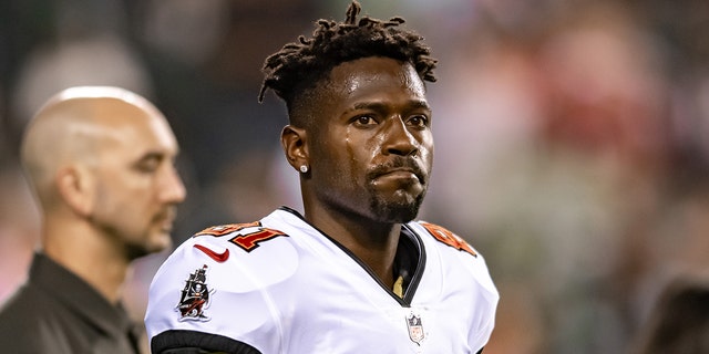 Tampa Bay Buccaneers wide receiver Antonio Brown (81) is pictured prior to a game between the Tampa Bay Buccaneers and Philadelphia Eagles Oct. 14, 2021 at Lincoln Financial Field in Philadelphia.