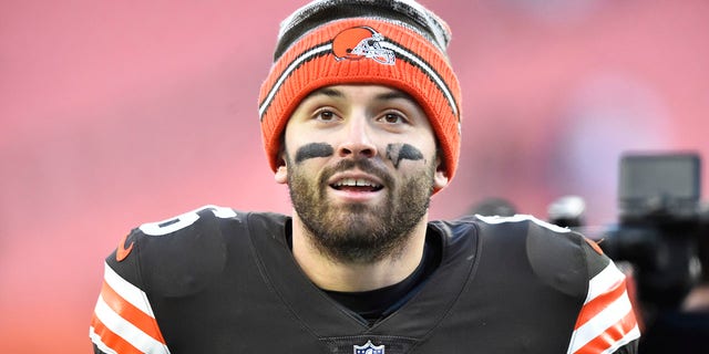 Cleveland Browns quarterback Baker Mayfield walks off the field after his team defeated the Baltimore Ravens in an NFL football game, Sunday, Dec. 12, 2021, in Cleveland. 