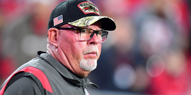 Head Coach Bruce Arians of the Tampa Bay Buccaneers looks on during warm-ups before a game against the New York Giants at Raymond James Stadium Nov. 22, 2021 in Tampa, Florida.