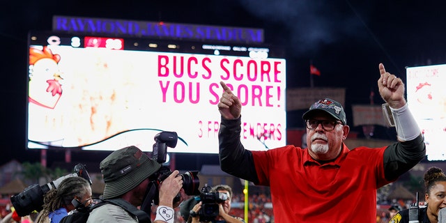 Head coach Bruce Arians of the Tampa Bay Buccaneers reacts after defeating the Chicago Bears 38-3 at Raymond James Stadium Oct. 24, 2021 in Tampa, Florida.