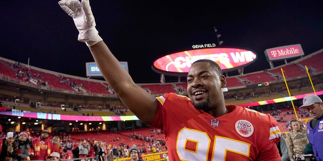 Kansas City Chiefs defensive tackle Chris Jones celebrates a 19-9 victory over the Dallas Cowboys in an NFL football game Sunday, Nov. 21, 2021, in Kansas City, Missouri.