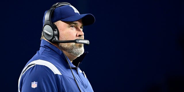 Head coach Mike McCarthy of the Dallas Cowboys looks on during the second half against the New England Patriots on Oct. 17, 2021, in Foxborough, Massachusetts.