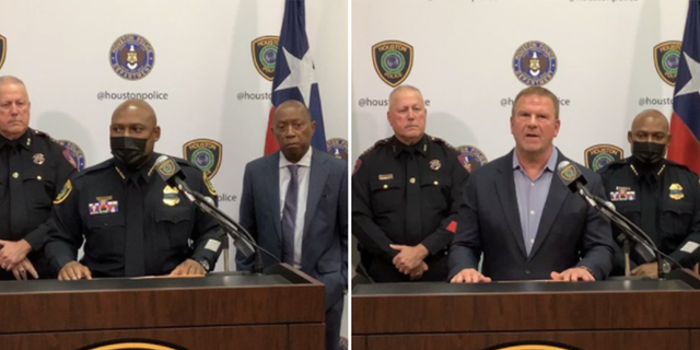 Houston Police Department announcing reward for information leading to arrest of suspect. 