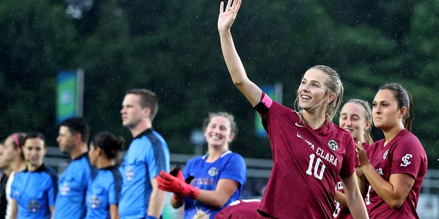 Kelsey Turnbow (10) of the Santa Clara Broncos is introduced before their game against the Florida State Seminoles during the Division I Women's Soccer Championship held at Sahlens Stadium at Wakemed Soccer Park May 17, 2021, in Cary, North Carolina.