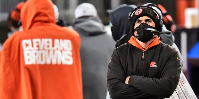 Browns head coach Kevin Stefanski watches during the Baltimore Ravens game Monday, Dec. 14, 2020, in Cleveland. (AP Photo/David Richard)
