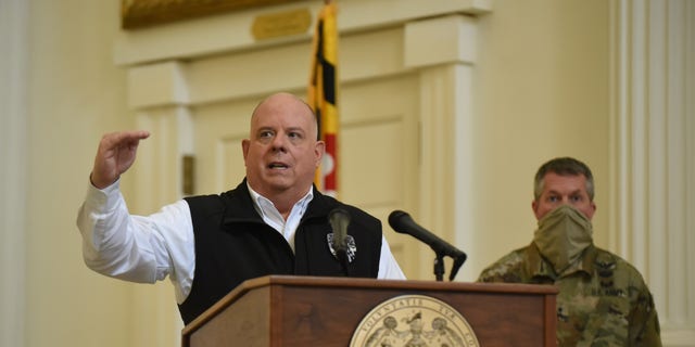 Maryland Gov. Larry Hogan delivers a briefing on the coronavirus pandemic, in Annapolis, Maryland.