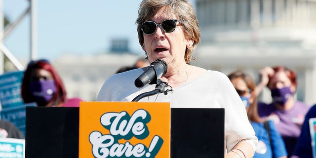 Randi Weingarten, president of the American Federation of Teachers, along with members of Congress, parents and caregiving advocates, hold a press conference supporting Build Back Better investments in home care, child care, paid leave and expanded CTC payments in front of the U.S. Capitol Building on Oct. 21, 2021 in Washington, D.C. (Paul Morigi/Getty Images for MomsRising Together)