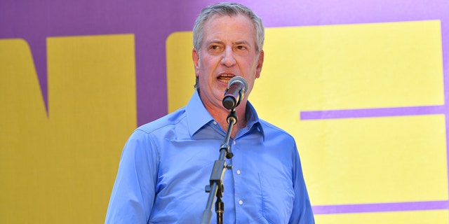 New York City Mayor Bill de Blasio speaks at Let’s Get This Show on the Street: New 42 Celebrates Arts Education on 42nd Street on June 5, 2021, in Times Square, New York City. 