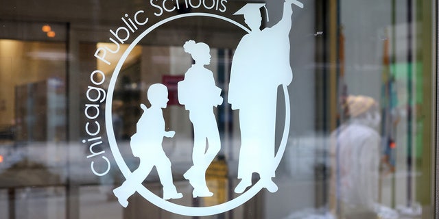 A sign is displayed on the front of the headquarters for Chicago Public Schools on Jan. 5, 2022 in Chicago, Illinois. 
