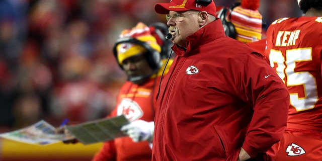 Head coach Andy Reid of the Kansas City Chiefs looks on from the sidelines against the Buffalo Bills during the fourth quarter in the AFC Divisional Playoff game at Arrowhead Stadium on January 23, 2022 in Kansas City, Missouri.