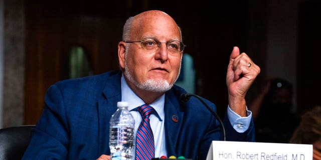 Dr. Robert Redfield, director of the Centers for Disease Control and Prevention testifies at a hearing with the Senate Appropriations Subcommittee on Labor, Health and Human Services. Washington, Wednesday, Sept. 16, 2020. (Anna Moneymaker/New York Times, Pool via AP)