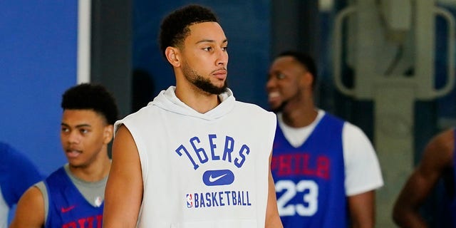 Philadelphia 76ers' Ben Simmons takes part in a practice at the NBA basketball team's facility, Monday, Oct. 18, 2021, in Camden, N.J. 