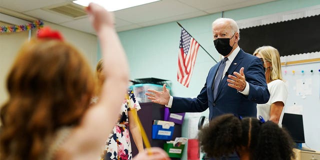 President Joe Biden visits East End Elementary School in North Plainfield, New Jersey, to promote his Build Back Better agenda on Oct. 25, 2021. (AP Photo/Evan Vucci)