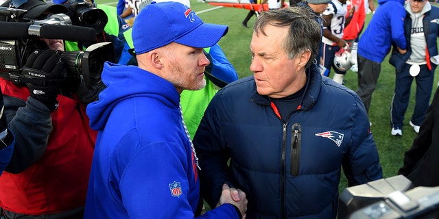 FILE - Buffalo Bills head coach Sean McDermott, left, talks to New England Patriots head coach Bill Belichick after an NFL football game, Sunday, Dec. 3, 2017, in Orchard Park, N.Y.
