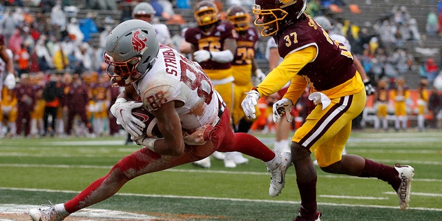 Washington State wide receiver De'Zhaun Stribling (88) catches a pass in the end zone to score a touchdown as he's defended by Central Michigan defensive back Rolliann Sturkey (37) during the second half of the Sun Bowl in El Paso, Texas, Friday, Dec. 31, 2021.