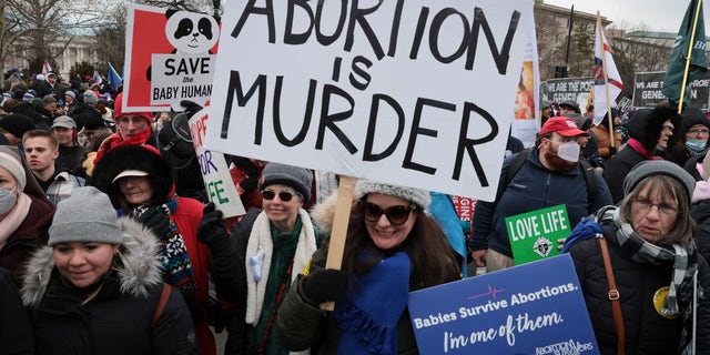 WASHINGTON, DC - JANUARY 21: Anti-abortion activists participate in the 49th annual March for Life as they march past the U.S. Supreme Court on January 21, 2022 in Washington, DC. The rally draws activists from around the country who are calling on the U.S. Supreme Court to overturn the Roe v. Wade decision that legalized abortion nationwide. (Photo by Win McNamee/Getty Images)