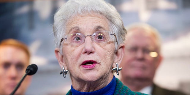 Rep. Virginia Foxx, R-N.C., speaks at a news conference in the Capitol Visitor Center in support of the plaintiffs in the Sebelius v. Hobby Lobby Stores case. (Tom Williams/CQ Roll Call)