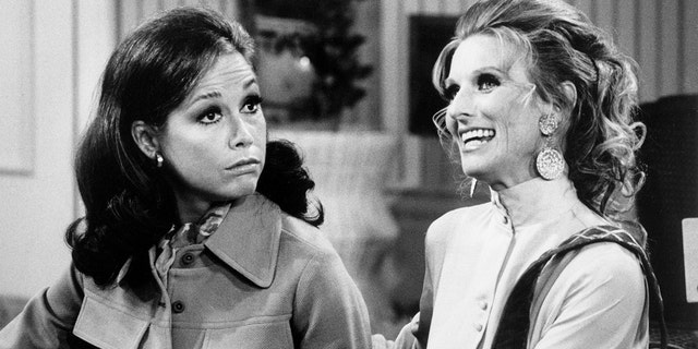 Mary Tyler Moore (left) starred as Mary Richards in "The Mary Tyler Moore Show" alongside Cloris Leachman, who played Richards' friend Phyllis Lindstrom.