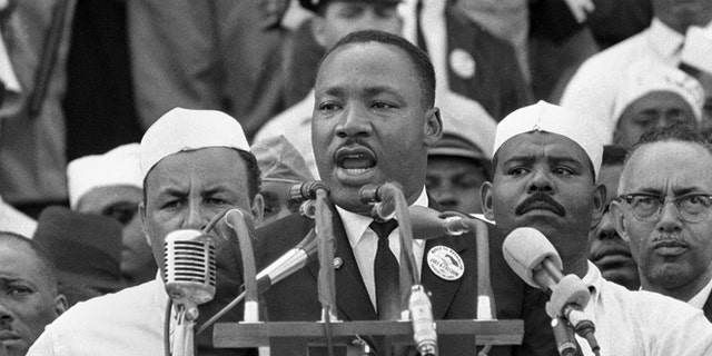 In this Aug. 28, 1963 photo, Dr. Martin Luther King Jr., head of the Southern Christian Leadership Conference, addressed marchers during his 'I Have a Dream' speech at the Lincoln Memorial in Washington, D.C. 