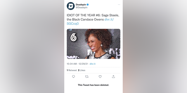 A screenshot of a now deleted tweet from Deadspin referring to ESPN sports anchor Sage Steele as "the Black Candace Owens," inferring that Candace Owens, a Black conservative commentator, is a White person.