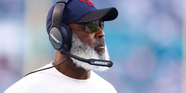 Defensive coordinator Lovie Smith of the Houston Texans looks on during the fourth quarter against the Miami Dolphins at Hard Rock Stadium on November 07, 2021 in Miami Gardens, Florida. 