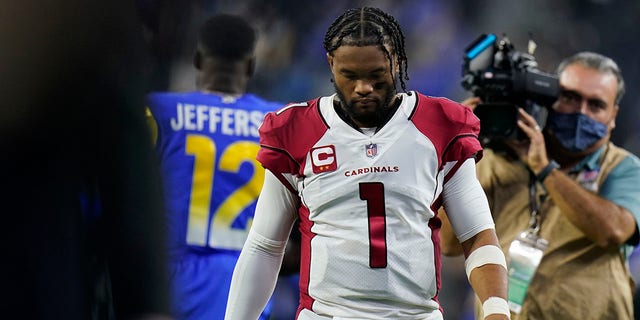 Arizona Cardinals quarterback Kyler Murray (1) walks off the field after the Los Angeles Rams defeated the Cardinals in an NFL wild-card playoff football game in Inglewood, Calif., Monday, Jan. 17, 2022.