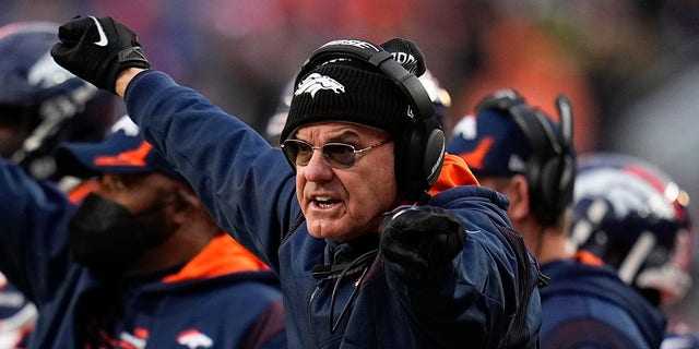 FILE - Denver Broncos defensive coordinator Ed Donatell reacts against the Kansas City Chiefs during an NFL football game Saturday, Jan. 8, 2022, in Denver. Donatell has agreed to become the defensive coordinator of the Minnesota Vikings under head-coach-to-be Kevin O'Connell, according to a person with knowledge of the decision. The person spoke to The Associated Press on condition of anonymity on Thursday, Feb. 10, 2022, because the Vikings have not yet announced the hire.