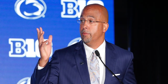 FILE - In this July 19, 2019, file photo, Penn State head coach James Franklin responds to a question during the Big Ten Conference NCAA college football media days in Chicago. The Nittany Lions return just 11 seniors from last season’s 9-4 team that finished third in the Big Ten East. Penn State has 55 first- or second-year players.