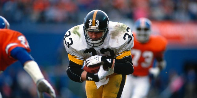 Merril Hoge of the Pittsburgh Steelers carries the ball against the Denver Broncos during the AFC Divisional Playoffs Jan. 7, 1990 at Mile High Stadium in Denver, Colorado. 