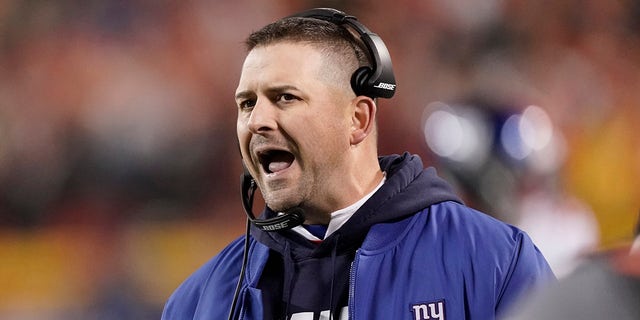 New York Giants head coach Joe Judge is seen of the sidelines during the first half of an NFL football game against the Kansas City Chiefs Monday, Nov. 1, 2021, in Kansas City, Mo.