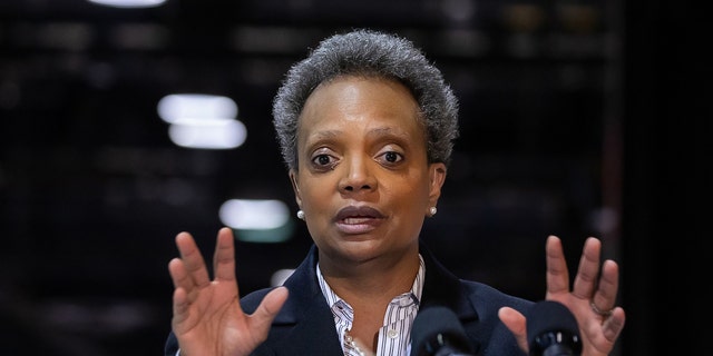 In this file photo, Chicago Mayor Lori Lightfoot speaks at the McCormick Place alternate care facility in Chicago on Friday, April 10, 2020.