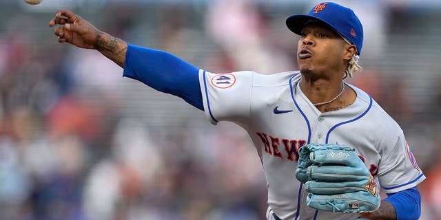 New York Mets starting pitcher Marcus Stroman throws to a San Francisco Giants batter during the first inning of a game Aug. 17, 2021, in San Francisco. 