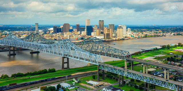 The city skyline of New Orleans, Louisiana, and surrounding metropolitan area along the banks of the Mississippi River shot from an altitude of about 1000 feet during a helicopter photo flight. 