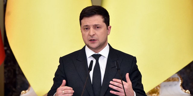 Ukrainian President Volodymyr Zelenskyy attends a joint press conference with his counterparts from Lithuania and Poland following their talks in Kyiv on Feb. 23, 2022. 