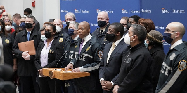 New York City Mayor Eric Adams speaks addresses the press about the scene where NYPD officers were shot while responding to a domestic violence call in the Harlem neighborhood of New York City, U.S., January 21, 2022. 