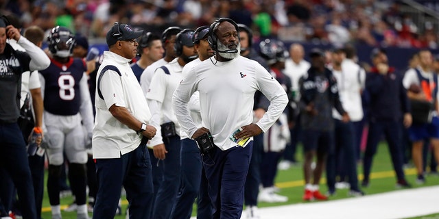Lovie Smith reacts during the New England Patriots game at NRG Stadium on Oct. 10, 2021, in Houston, Texas.