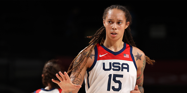 Brittney Griner #15 of Team United States reacts during the first half of the Women's Basketball final game between Team United States and Team Japan on day sixteen of the 2020 Tokyo Olympic games at Saitama Super Arena on August 08, 2021, in Saitama, Japan.