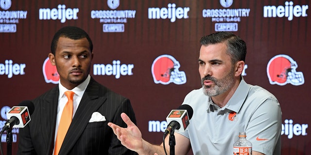 Cleveland Browns head coach Kevin Stefanski speaks during a press conference introducing quarterback Deshaun Watson at CrossCountry Mortgage Campus on March 25, 2022 in Berea, Ohio.