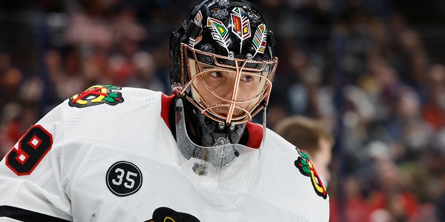 Chicago Blackhawks' Marc-Andre Fleury plays against the Columbus Blue Jackets during an NHL hockey game Tuesday, Jan. 11, 2022, in Columbus, Ohio.